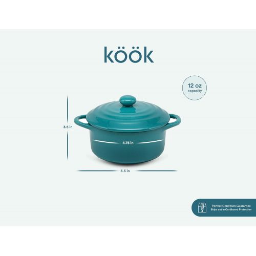  [아마존베스트]12oz Mini Cocotte, by Kook, Casserole Dish, Ceramic Make, Easy to Lift Lid, Aqua, Set of 4