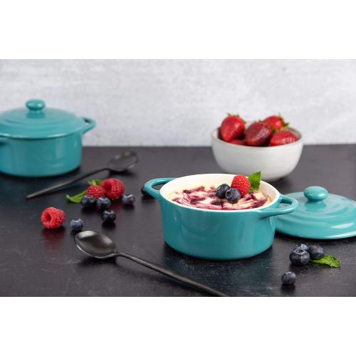  [아마존베스트]12oz Mini Cocotte, by Kook, Casserole Dish, Ceramic Make, Easy to Lift Lid, Aqua, Set of 4