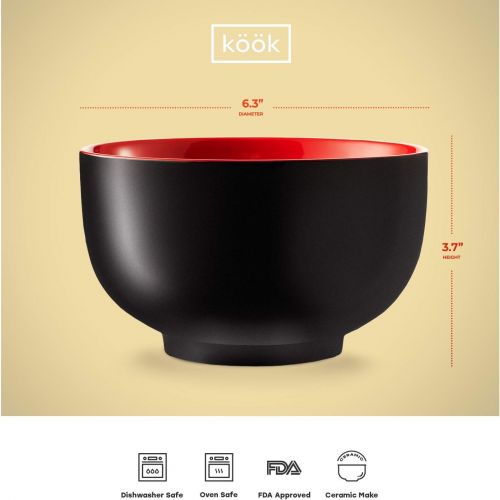  [아마존베스트]KooK Japanese Ceramic Noodle Bowl, Pho, Ramen, Deep Interior, Black and Red, capacity limit 34 oz - Set of 4