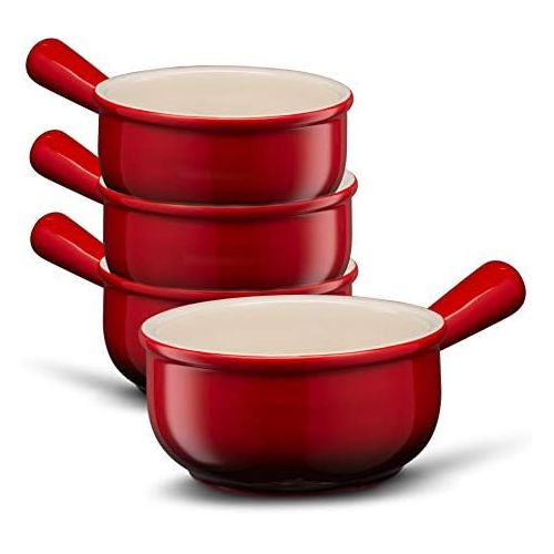  [아마존베스트]French Onion Soup Crocks, by Kook, Easy to Grip Handles, Durable Ceramic, For Chili and Stew, 18 Ounce, Set of 4, Cherry (Red)