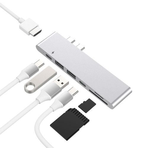  Koobose Purgo USB C Hub, Aluminum Type-C Hub Adapter Dongle for 20162017 MacBook Pro 13&15 4K HDMI, 40Gbs Thunderbolt 3 5K@60Hz, USB-C Data, 2 USB 3.0 and SDMicro Card Readers (Silver)