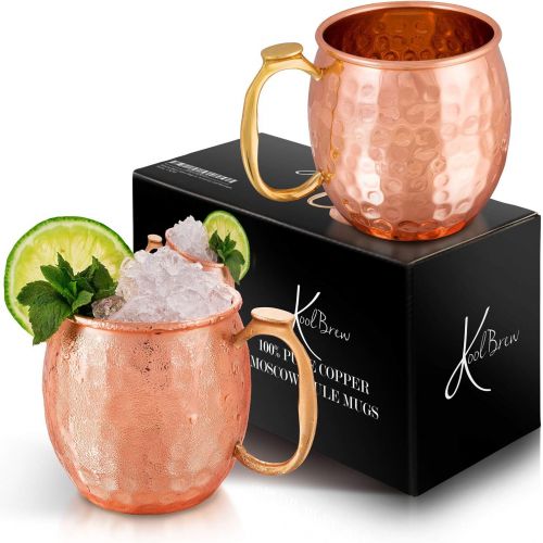  [아마존베스트]KoolBrew Moscow Mule Copper Mugs - Gift Set of 2, 100% Solid Handcrafted Copper Cups - 16 Ounce Food Safe Hammered Mug For Mules