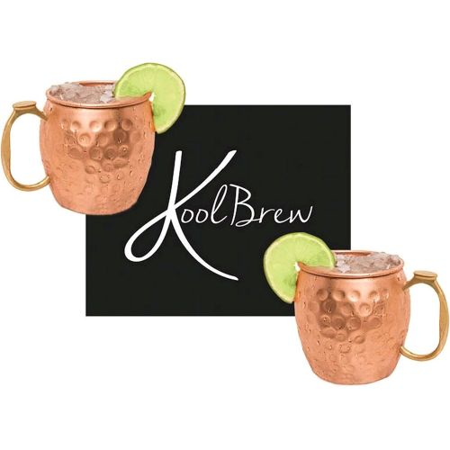  [아마존베스트]KoolBrew Moscow Mule Copper Mugs - Gift Set of 2, 100% Solid Handcrafted Copper Cups - 16 Ounce Food Safe Hammered Mug For Mules