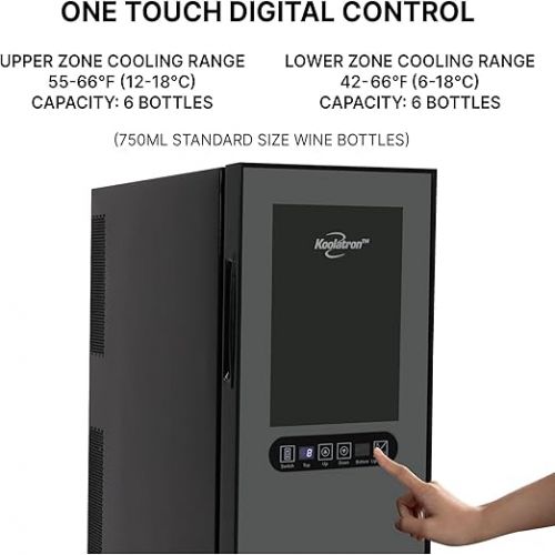  Koolatron Urban Series 12 Bottle Dual Zone Wine Cooler, Black, Thermoelectric Wine Fridge, Freestanding Wine Cellar, Red, White, Sparkling Wine Storage for Small Kitchen, Apartment, Condo, RV