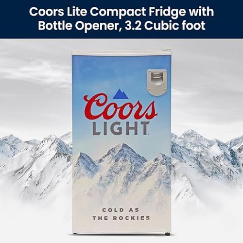  Coors Light Compact Fridge w/Bottle Opener, 3.2 cu ft (90L), White, Space-Saving Flat Back Design, Reversible Door, Tempered Glass Shelves, Licensed Coors Light Artwork, Perfect for Beer-Lovers
