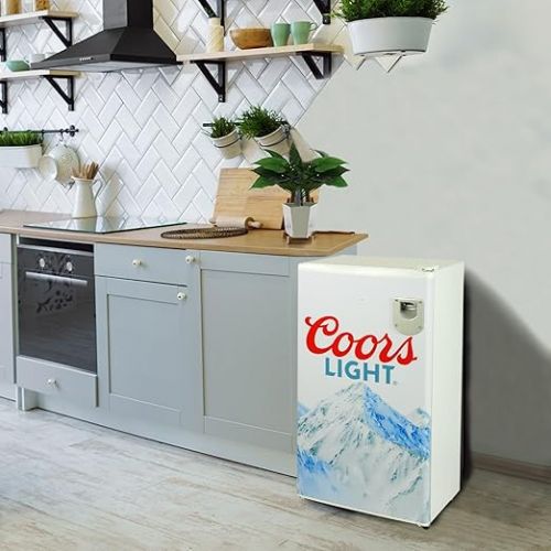  Coors Light Compact Fridge w/Bottle Opener, 3.2 cu ft (90L), White, Space-Saving Flat Back Design, Reversible Door, Tempered Glass Shelves, Licensed Coors Light Artwork, Perfect for Beer-Lovers