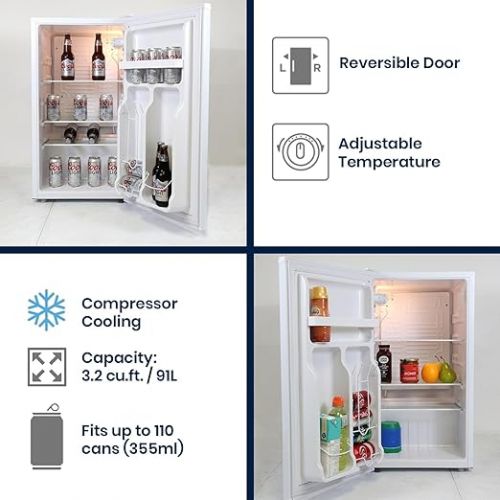  Coors Light Compact Fridge w/Bottle Opener, 3.2 cu ft (90L), White, Space-Saving Flat Back Design, Reversible Door, Tempered Glass Shelves, Licensed Coors Light Artwork, Perfect for Beer-Lovers