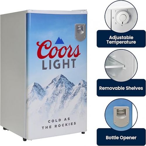  Coors Light Compact Fridge w/Bottle Opener, 3.2 cu ft (90L), White, Space-Saving Flat Back Design, Reversible Door, Tempered Glass Shelves, Licensed Coors Light Artwork, Perfect for Beer-Lovers