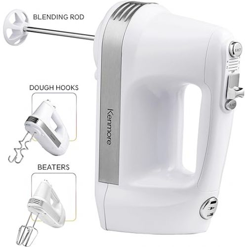  Kenmore 5-Speed Electric Hand Mixer/Blender, 250 Watts, with Beaters, Dough Hooks, Liquid Blending Rod, Automatic Cord Retract, Burst Control, and Clip-On Accessory Storage