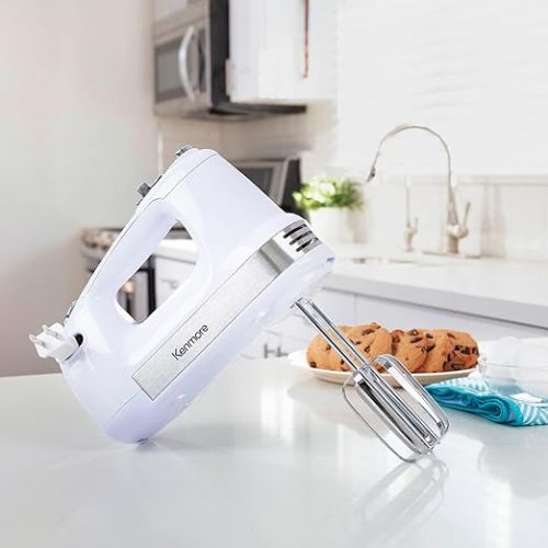  Kenmore 5-Speed Electric Hand Mixer/Blender, 250 Watts, with Beaters, Dough Hooks, Liquid Blending Rod, Automatic Cord Retract, Burst Control, and Clip-On Accessory Storage