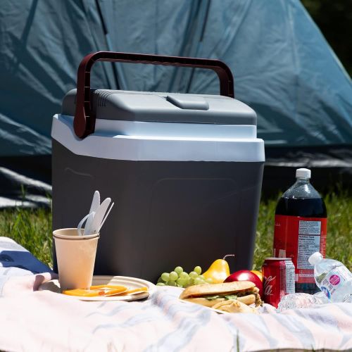  Koolatron Thermoelectric Iceless 12 Volt Cooler 26 qt (24 L), Electric Portable Car Cooler with DC Plug, Grey and White, for Travel Camping Fishing Trucking, Made in North America