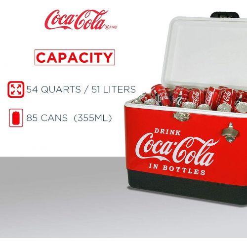  Koolatron Coca Cola Exclusive Stainless Steel Ice Chest Beverage Cooler with Bottle Opener 51 L /54 Quart Ice Bucket for Camping, Beach, RV, BBQs, Tailgating, Fishing