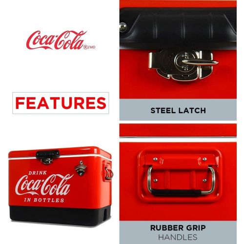  Koolatron Coca Cola Exclusive Stainless Steel Ice Chest Beverage Cooler with Bottle Opener 51 L /54 Quart Ice Bucket for Camping, Beach, RV, BBQs, Tailgating, Fishing