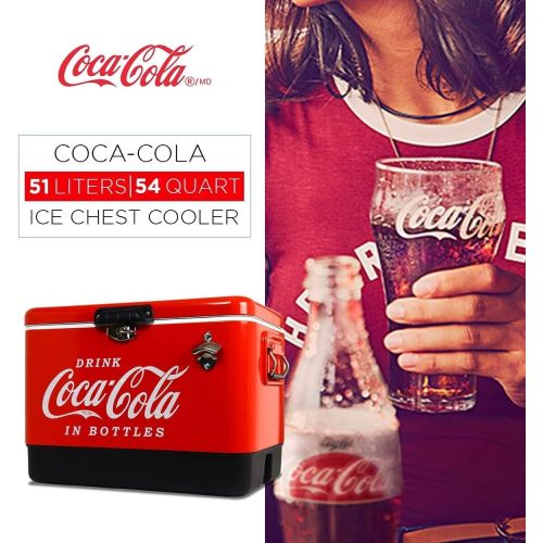  Koolatron Coca Cola Exclusive Stainless Steel Ice Chest Beverage Cooler with Bottle Opener 51 L /54 Quart Ice Bucket for Camping, Beach, RV, BBQs, Tailgating, Fishing