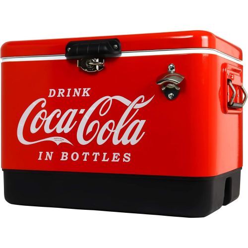  Koolatron Coca Cola Exclusive Stainless Steel Ice Chest Beverage Cooler with Bottle Opener 51 L /54 Quart Ice Bucket for Camping, Beach, RV, BBQs, Tailgating, Fishing