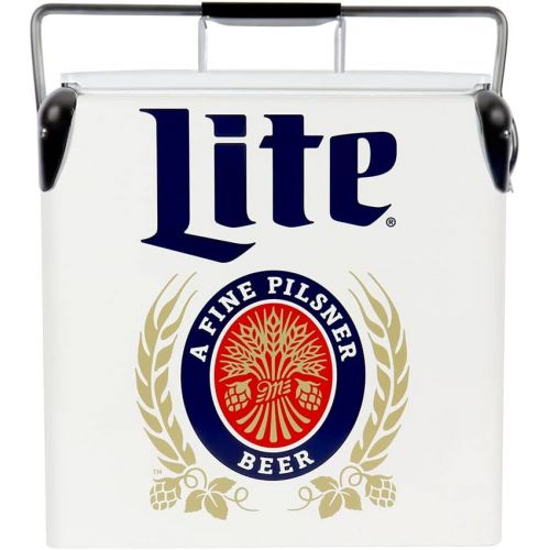  Koolatron Miller Lite Retro Ice Chest Cooler with Bottle Opener 13L (14 qt), 18 Can Capacity, Blue and Red, Vintage Style Ice Bucket for Camping, Beach, Picnic, RV, BBQs, Tailgating, Fishing