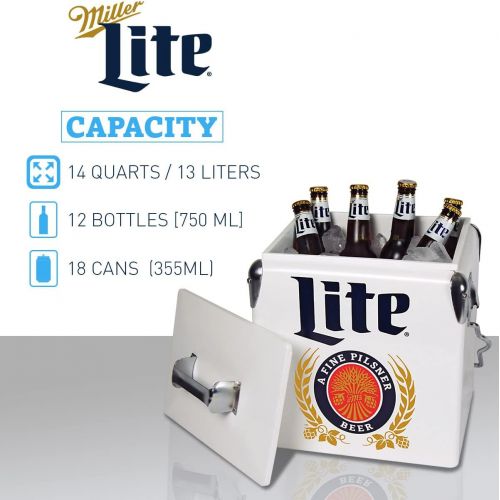  Koolatron Miller Lite Retro Ice Chest Cooler with Bottle Opener 13L (14 qt), 18 Can Capacity, Blue and Red, Vintage Style Ice Bucket for Camping, Beach, Picnic, RV, BBQs, Tailgating, Fishing