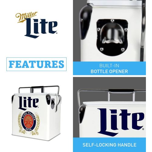 Koolatron Miller Lite Retro Ice Chest Cooler with Bottle Opener 13L (14 qt), 18 Can Capacity, Blue and Red, Vintage Style Ice Bucket for Camping, Beach, Picnic, RV, BBQs, Tailgating, Fishing