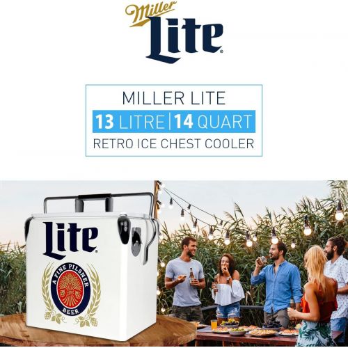  Koolatron Miller Lite Retro Ice Chest Cooler with Bottle Opener 13L (14 qt), 18 Can Capacity, Blue and Red, Vintage Style Ice Bucket for Camping, Beach, Picnic, RV, BBQs, Tailgating, Fishing