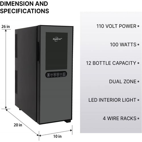  [아마존베스트]Koolatron WC12DZ Dual Zone Thermoelectric Cooler 12 Bottle Capacity with Digital Temperature Controls-Wine Cellar with Quiet Cooling Power and 4 Removable Shelves, Black/Silver