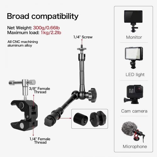  Koolehaoda 11inch Adjustable Articulating Frction Magic Arm with Large Super Clamp Mount Compatible with DSLR Camera Rig, LCD Monitor, LED Lights, Flash Lights, Microphones, DJI Os