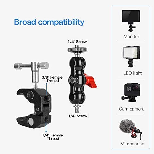  koolehaoda Multi-Function Ballhead Arm Super Clamp Mount Double Ball Adapter with Bottom Clamp for DSLR Camera/Field Monitor/LED-(Red)