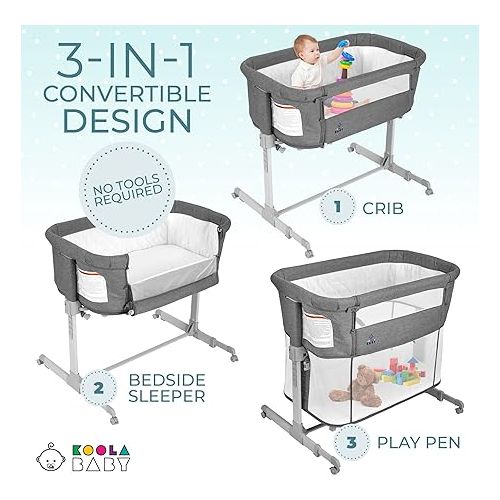  3 in 1 Baby Bassinet, Bedside Sleeper, & Playpen, Easy Folding Portable Crib (Grey)- KoolaBaby (Bassinet)