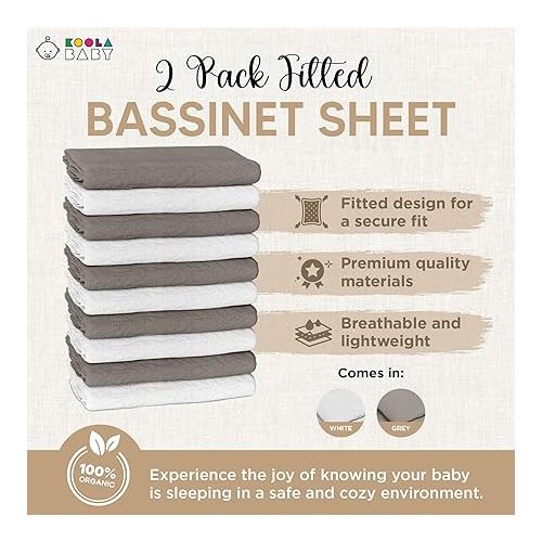 Bassinet Fitted Sheets - Compatible with Chicco LullaGo Anywhere, Baby Bjorn Cradle | 100% Organic Muslin Cotton - White + Grey | 29x14 (2 Pack)