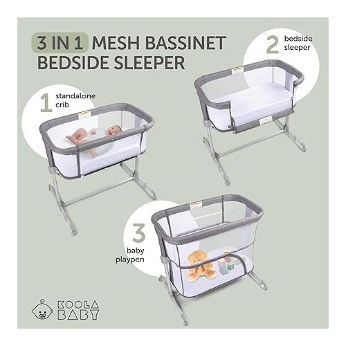  3 in 1 Baby Bassinet, Bedside Sleeper, & Playpen, Easy Folding Portable Crib (Grey)- KoolaBaby (Mesh Bassinet)