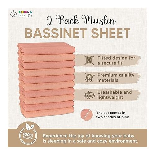  Bassinet Fitted Sheets - Compatible with Chicco LullaGo Nest Portable Bassinet, Close to You 3-in-1 & Next2Me Bedside Bassinet | 100% Organic Muslin Cotton - Light Pink + Dark Pink | 32x19 (2 Pack)