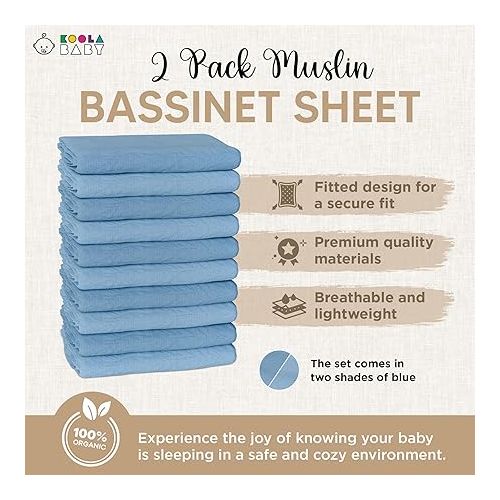  Bassinet Fitted Sheets - Compatible with Chicco LullaGo Nest Portable Bassinet, Close to You 3-in-1 & Next2Me Bedside Bassinet | 100% Organic Muslin Cotton -Light Blue + Dark Blue | 32x19 (2 Pack)