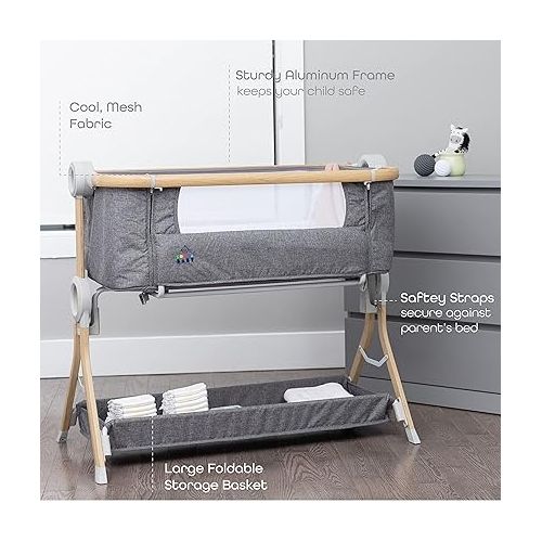  KoolerThings Baby Bassinet, Bedside Sleeper for Baby, Easy Folding Portable Crib with Storage Basket for Newborn, Bedside Bassinet, Comfy Mattress/Travel Bag Included