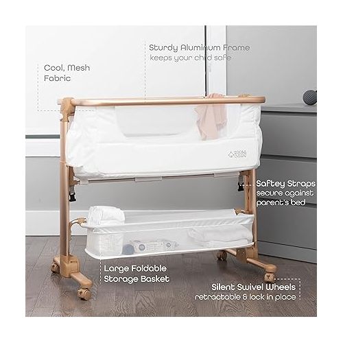  KoolerThings Baby Bassinet, Bedside Sleeper for Baby, Easy Folding Portable Crib with Storage Basket for Newborn, Bedside Bassinet, Comfy Mattress/Travel Bag Included (White and Gold)