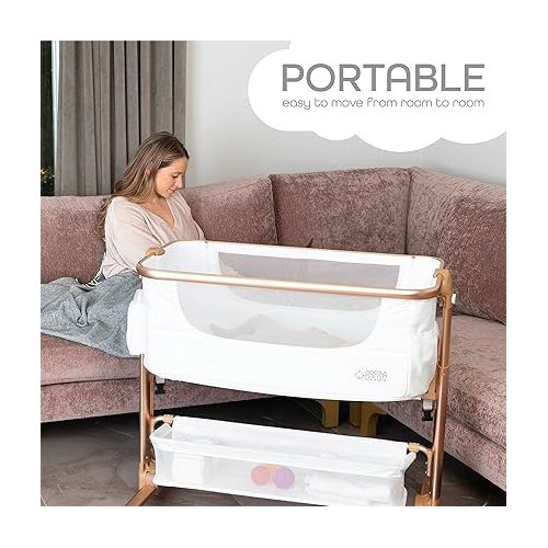  KoolerThings Baby Bassinet, Bedside Sleeper for Baby, Easy Folding Portable Crib with Storage Basket for Newborn, Bedside Bassinet, Comfy Mattress/Travel Bag Included (White and Gold)