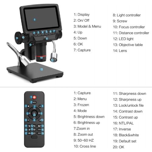  [아마존베스트]Koolertron 5 inch LCD 1080P Wireless Remote Control Digital Microscope with Adjustable Stand, HDMI/AV/USB Output Camera Video Recorder with 8 LED Adjustable Light Source