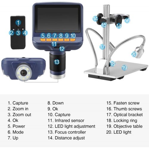  Koolertron 4.3 inch 1080P LCD Digital USB Microscope with 10X-220X Magnification Zoom,8 LED Adjustable Light,Camera Video Recorder for Phone Repair Soldering Tool Jewelry Appraisal