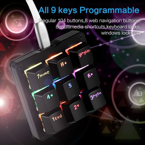  Koolertron One Handed Macro Mechanical Keyboard, RGB LED Backlit Portable Mini One-Handed Mechanical Gaming Keypad OSU! Keyboard 9 Fully Programmable Keys Red Switches