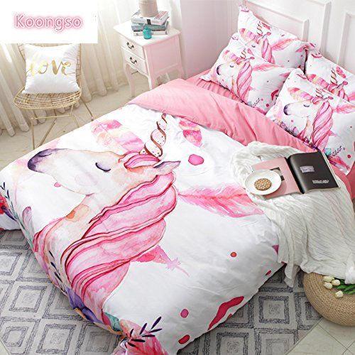  Koongso 3D Cartoon Unicorn Digital Print Bedding Sets Reversible 3 Pieces Cartoon Duvet Cover Set for Girls Boys Teens,Twin/Full/Queen/King Size