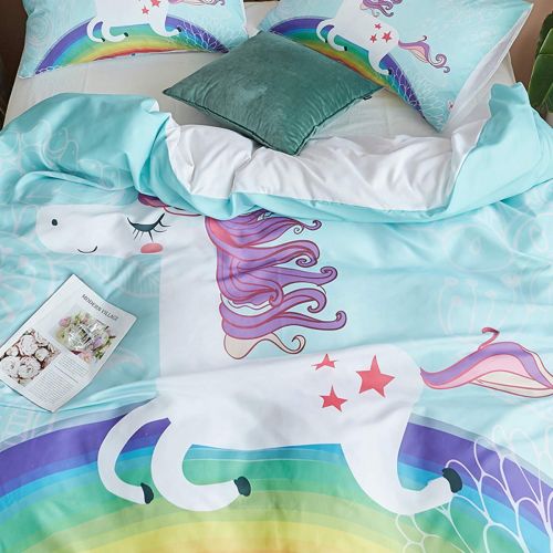  Koongso 3D Cartoon Unicorn Print Bedding Sets Reversible Microfiber Rainbow Unicorn Duvet Cover Set for Kids Boys Teens,Twin/Full/Queen/King Size(NO Comforter)