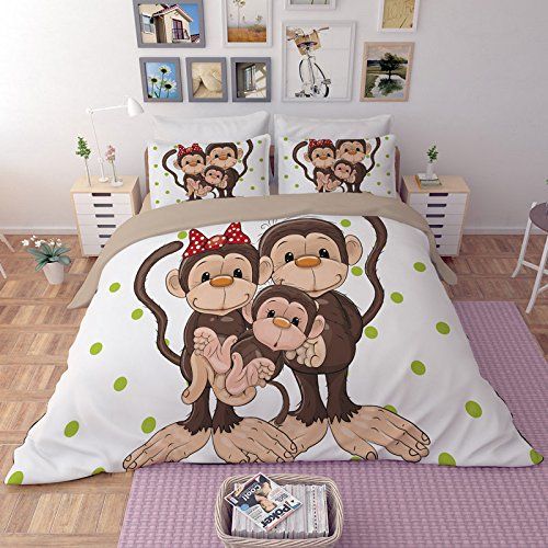  Koongso 3D Monkey Family Digital Print Bedding Sets Reversible 3 Pieces Cartoon Duvet Cover Set for Kids Boys Teens,Twin/Full/Queen/King Size