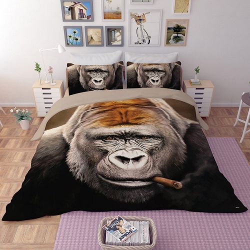  Koongso 3D Smoking Gorilla Digital Print Bedding Sets Reversible 3 Pieces Cartoon Duvet Cover Set for Kids Boys Teens,Twin/Full/Queen/King Size