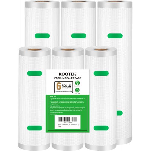  Kootek 6 Rolls Vacuum Sealer Bags for Food Saver, Thicker Heavy Duty Sous Vide Commercial Grade Bag, Fits for All Clamp Style Vacuum Sealers Machine (3 Rolls 8x16.4 and 3 Rolls 11x