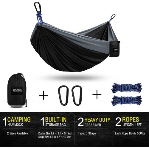  Kootek Camping Hammock Double & Single Portable Hammocks with 2 Hanging Ropes, Lightweight Nylon Parachute Hammocks for Backpacking, Travel, Beach, Backyard, Hiking