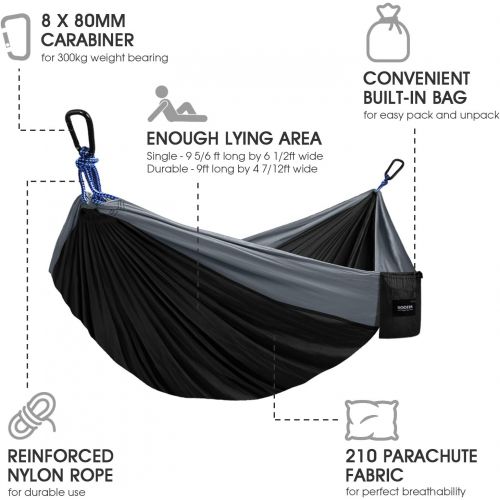  Kootek Camping Hammock Double & Single Portable Hammocks with 2 Hanging Ropes, Lightweight Nylon Parachute Hammocks for Backpacking, Travel, Beach, Backyard, Hiking