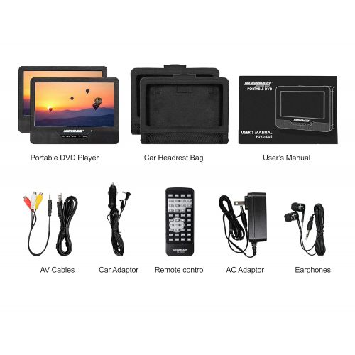  Koramzi PDVD-DK95 Portable 9 Dual Screen (One DVD) with Rechargeable Battery  AC Adapter  AV In  Card Reader  Remote Control  Car Adapter  IR Transmitter Ready  USB  Headre