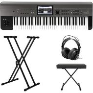 Korg Krome EX 61-Key Synthesizer Workstation with Weighted Hammer Action Keyboard Bundle with Double X Keyboard Stand, X-Style Keyboard Bench, and Closed-Back Studio Monitor Headphones (4 Items)