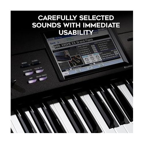  Korg Krome EX 61-Key Synthesizer Workstation with Weighted Hammer Action Keyboard Bundle with Double X Keyboard Stand, X-Style Keyboard Bench, and Closed-Back Studio Monitor Headphones (4 Items)