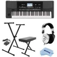 Korg PA300 61 Keys Professional Arranger, 950+ Sounds, USB-MIDI Interface, Bundle With On-Stage KPK6520 Keyboard Stand/Bench Pack with Sustain Pedal, Closed-Back Studio Monitor Headphones, Cloth