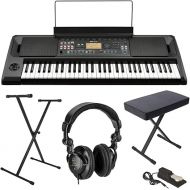 Korg EK-50 61-Key Arranger Entertainer Keyboard (Black), Starter Bundle with Bench, Stand and H&A Studio Headphones