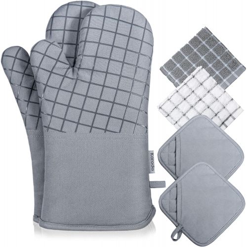  [아마존베스트]Koroda Oven Mitts and Pot Holders Sets: 550°F High Heat Resistant Oven Mitts with Kitchen Towels Thick Cotton Oven Gloves with Non-Slip Silicone for Cooking and Baking (6Pcs, Grey)